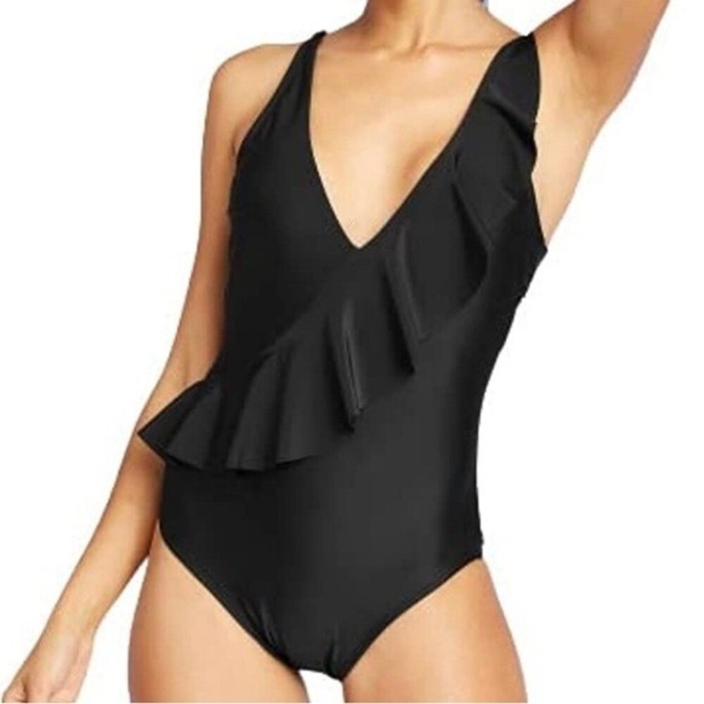 NWT Kona Sol Black Women's Asymmetrical Ruffle One Piece Swimsuit Size L Large